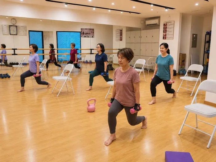 Weight class — senior adults doing lunges with dumbbells