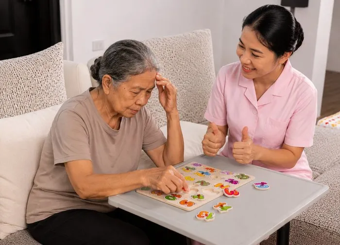Latihan Memori — senior with coach doing number puzzle