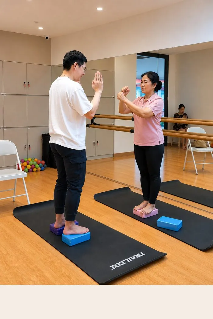 Mobilitas dan Koordinasi — balance training with coach in studio