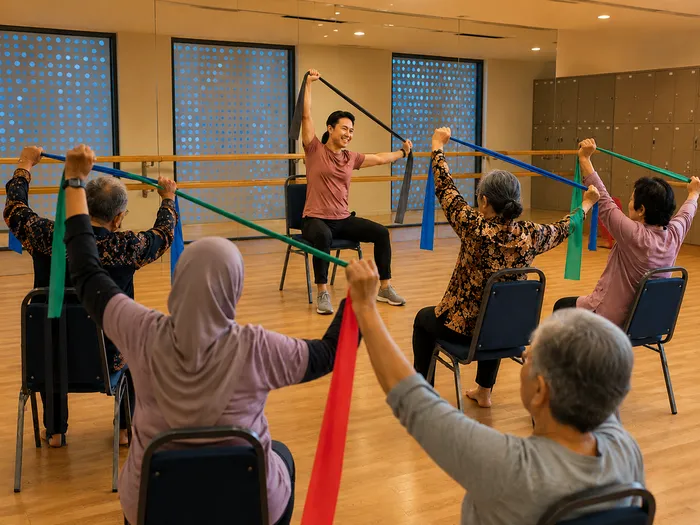 Posture class — resistance band stretching with coach