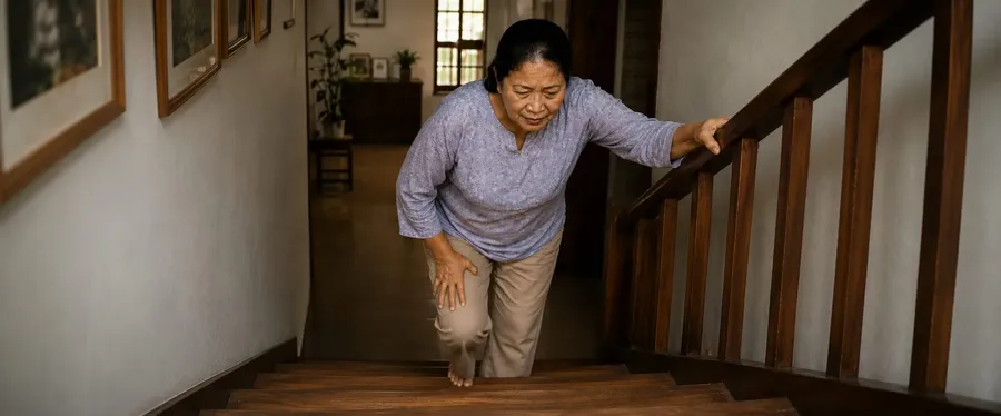 Wanita senior berpegangan tangga, pulih dari cedera